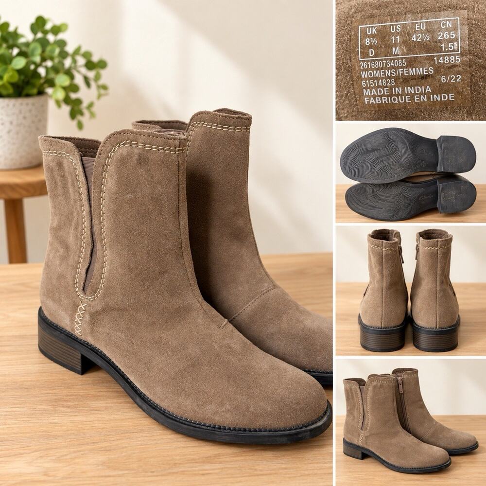 Clarks Maye Zip Women’s Size 11 Pebble Suede Ankle Boots Taupe Brown